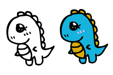 Simple Doodle Cute Little outline and color dinosaur for coloring learning