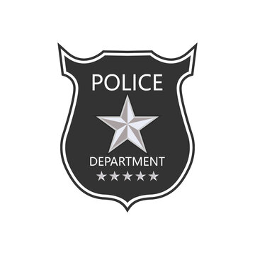 Police department badge. Shield of cop. Badge of officer police. emblem of sheriff. Symbol of security, law, protect, detective, patrol and policeman. Label and logo for uniform. Vector