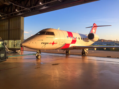 Zurich, Switzerland - November 11, 2018: Swiss Rega Air Ambulance And Rescue Airplane In Service Hangar At Zurich International Airport