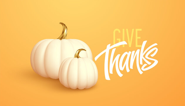 3d realistic white gold pumpkin isolated on orange background. Thanksgiving background with pumpkins and Give Thanks inscription. Vector illustration