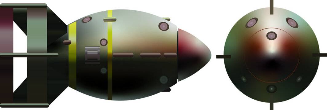 Realistic vector illustration of the 1940's atomic bomb. Side and front view. Atompunk video game concept art . Nuclear weapon isolated on white background.
