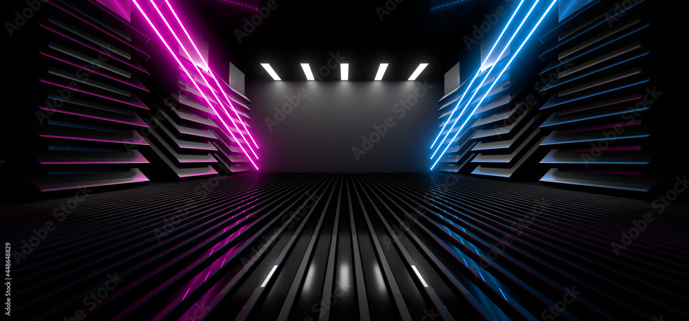 Poster sci fy neon lamps in a dark corridor. reflections on the floor and walls. 3d rendering image.