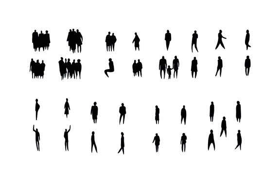 Vector Illustration, Outline Silhouettes Of People, Contour Drawing, People Silhouette, Icon Set Isolated , Silhouette Of Sitting People, Architectural Set	

