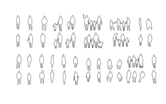 Vector illustration, Outline silhouettes of people, Contour drawing, people silhouette, Icon Set Isolated , Silhouette of sitting people, Architectural set	

