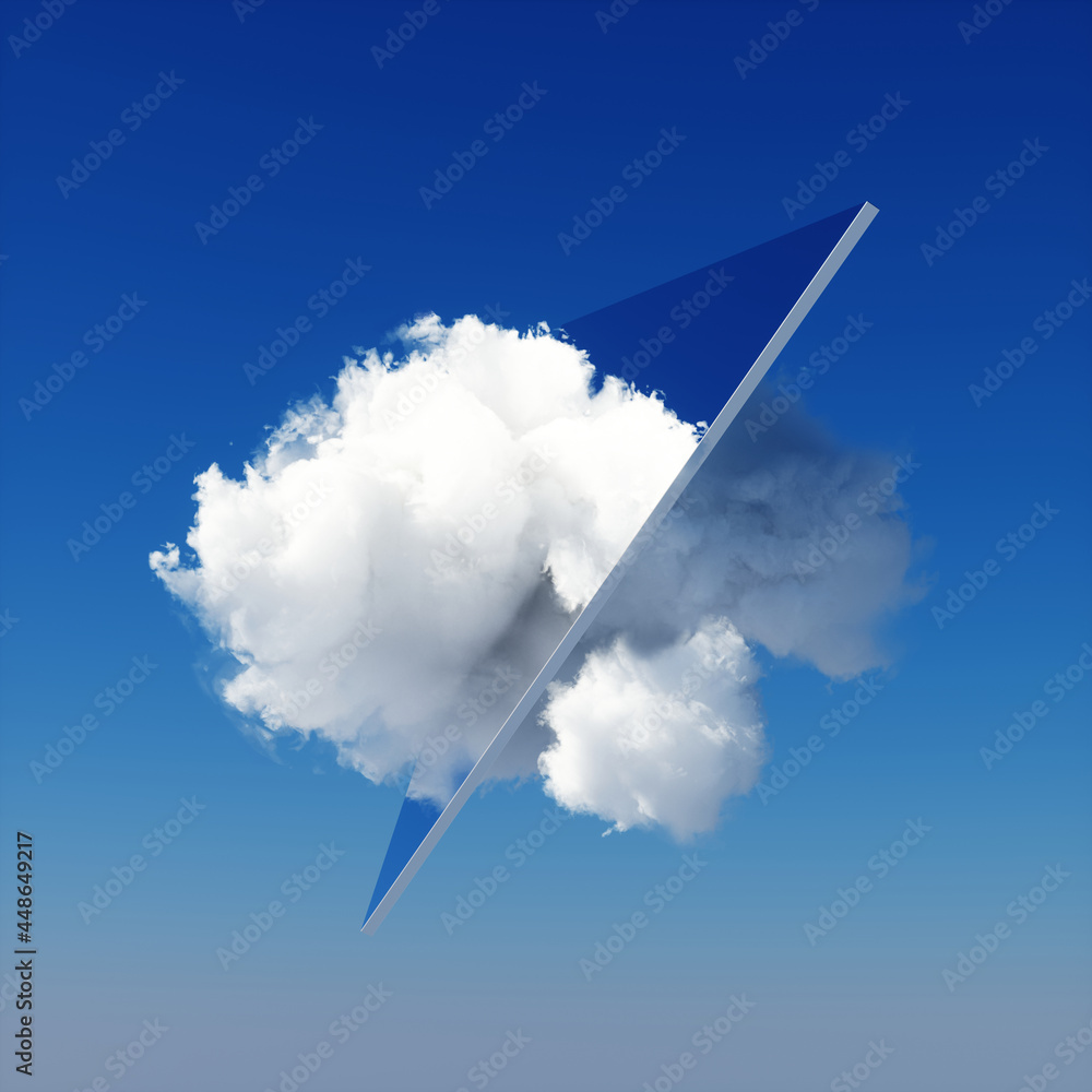 Poster 3d render, abstract minimal blue background with triangular mirror shape and white cloud