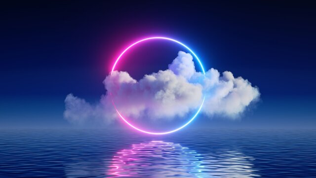 3d render, abstract background with white cloud levitates inside the glowing neon round frame, with reflection in the water. Minimal futuristic seascape