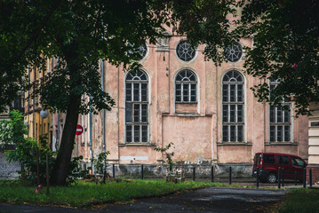 Lviv, Ukraine - July, 2021: The Jakob Glanzer Shul Synagogue or the former Chasidim Synagogue at the Vuhilna Street in Lviv, which survived in the Holocaust, is being restored.