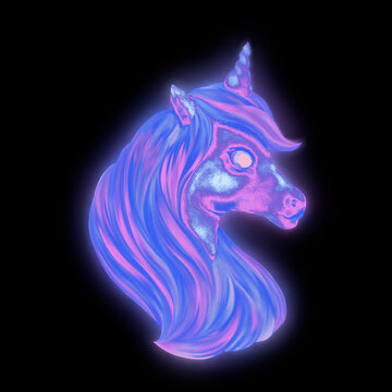 Head of a glowing  neon unicorn isolated at black background. Magic  fairytale creature.