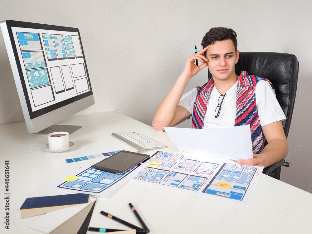 Poster ui designer is thinking about something. he is engaged in front-end application development. designe