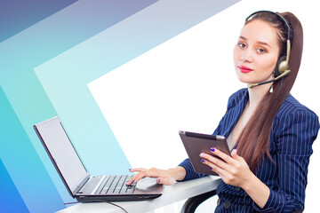 Call center operator. Woman wearing call center headphones. Пirl works in support service. Call center operator with laptop. User support by phone. Consulting via IP telephony. Operator with tablet