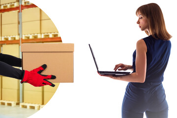 Courier services concept. Courier hands near businesswoman. Businesswoman on white background. courier services for business. Delivery man hands box to girl. Businesswoman with laptop.