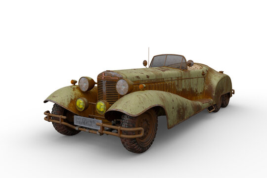 3D illustration of a large old rusty vintage open top car isolated on a white background.