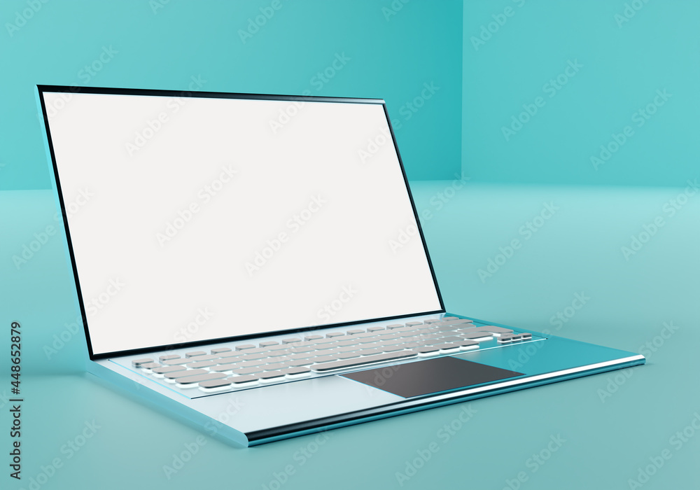 Poster laptop mockup with blank screen. realistic silver laptop. computer visualization. realistic thin not
