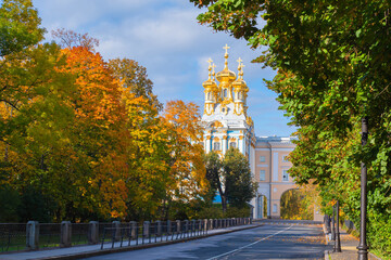 Saint Petersburg churches. Russia in autumn day. Tsarskoe Selo in autumn. Landscape of city of Pushkin. Temple of Catherine Palace. Excursions in St. Petersburg. Tourism in Russia. Travel to Pushkin