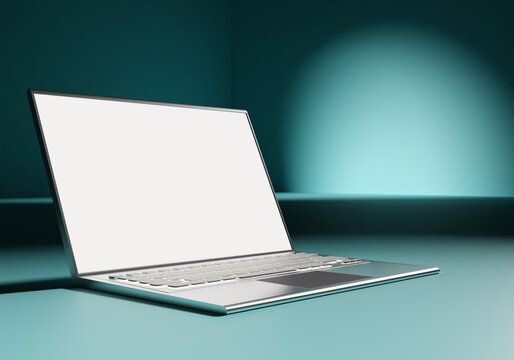 Realistic laptop model. Laptop with white screen. Notebook on a dark background. Laptop model for software demonstration. Visualization modern computer. Notebook for software advertising. 3d image