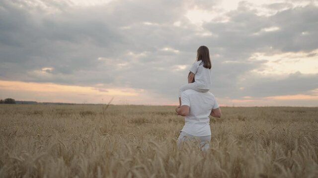 happy child and father are playing in field of ripening wheat. little daughter on fathers shoulders. baby boy and dad travel on field. kid and parent play in nature. happy family and childhood concept