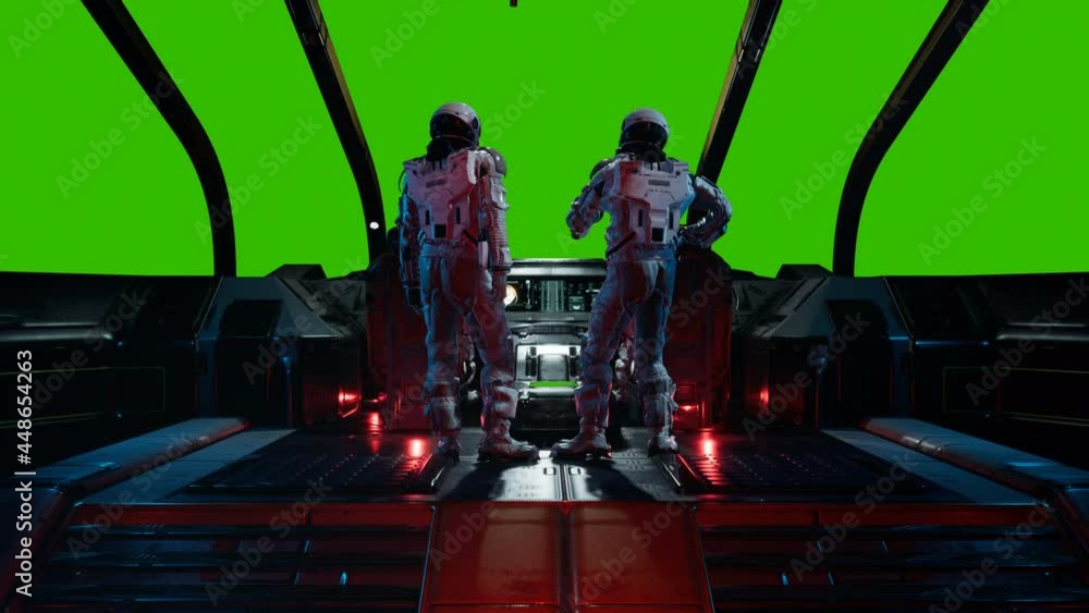 Wall mural astronauts sweep through the wormhole at warp speed in their spaceship. animation with green screen 