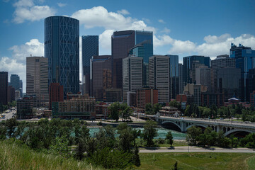 Fototapeta na wymiar City skyline. View of downtown Calgary, Alberta, Canada. Taken on a hot summer day in 2021.