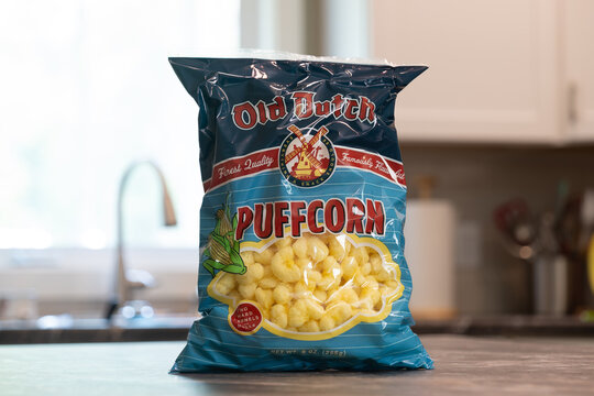 NISSWA, MN - 2 AUG 2021: Package of Old Dutch puff corn or puffcorn snack, sitting on the kitchen counter.