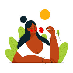 Portrait of young African -American woman holding red flower. Summer season vacation concept. Hand drawn girl cartoon character colorful vector illustration.