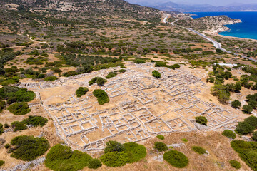 Aerial drone view of the ancient Minoan ruins at Gournia on the Greek island of Crete