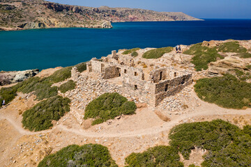 Aerial view of the ruins of the ancient Doric city of Itanos on the remote coastline of eastern Crete, Greece