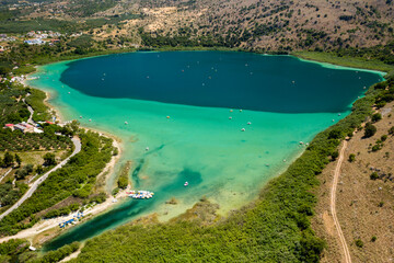 Aerial view of Lake Kournas - the biggest freshwater lake on the Greek island of Crete