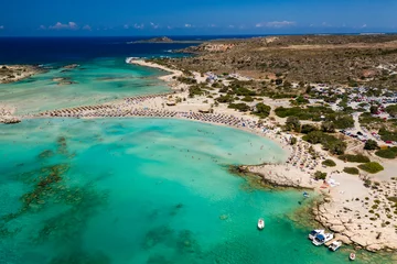 Washable wall murals Elafonissi Beach, Crete, Greece Aerial view of shallow sandy lagoons and a beach surrounded by deeper dark blue sea (Elafonissi Beach)