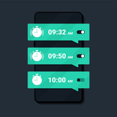 Wake up time settings. Alarm clock app on smartphone screen. Set up multiple alarm reminder on phone. Illustration vector - obrazy, fototapety, plakaty
