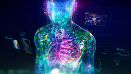Colorful Human Body animation with infographics and particles showing bones, organs and skin. Plexus. Futuristic and Artistic concept of human anatomy.