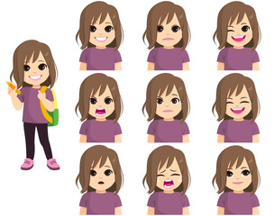 Little happy girl ready back to school holding blue color pencil and with different nine expressions