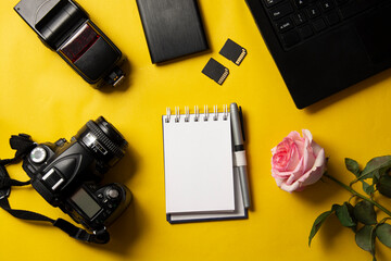 photography flat lay on yellow background