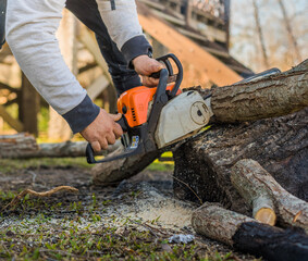 Hombre  Y mujer cortando troncos con motosierra junto a fog&oacute;n un d&iacute;a de campo