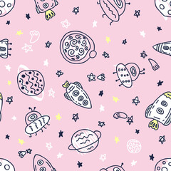Tender seamless pattern of rockets and planets in space. Design for T-shirt, textile and prints. Hand drawn vector illustration.
