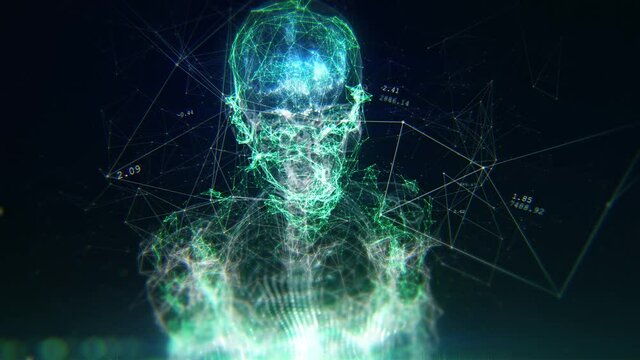 AI Artificial intelligence digital brain and full body sensors showing data. Deep learning computer machine. 3D Human Avatar with Neural Network Connections. 