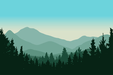 Silhouette pine forest landscape vector illustration in the mountains