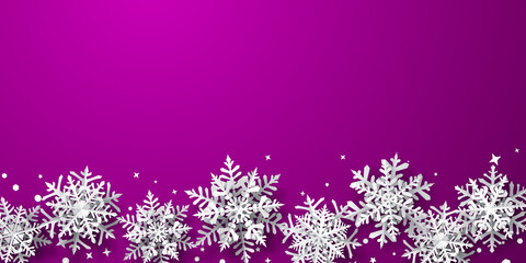 Christmas background of paper snowflakes with soft shadows, white on purple background