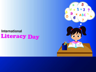 International Literacy Day. a child dazzling with a book and pencil.