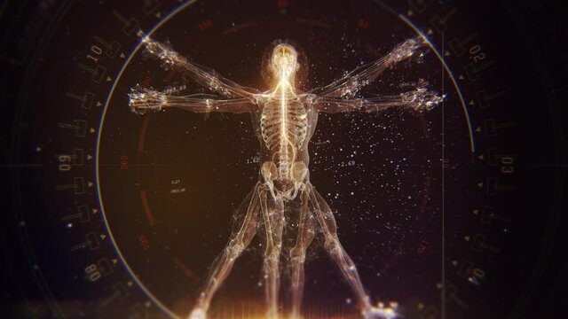3D Futuristic Animation of Leonardo Da Vinci Vitruvian Man. Anatomy of a Perfect Human Male Body Showing Skeleton, Brain and Energy Flow with Data and Infographics. Golden colors.