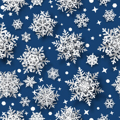 Christmas seamless pattern of paper snowflakes with soft shadows, white on blue background