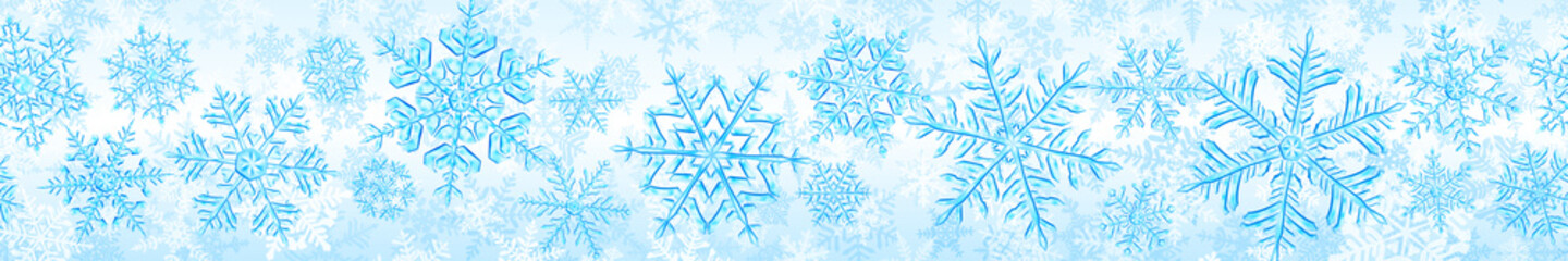 Banner of big complex translucent Christmas snowflakes in light blue colors, isolated on transparent background. With seamless horizontal repetition