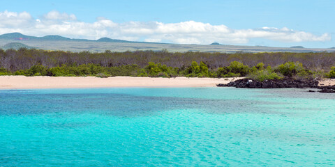 Panorama of Galapagos coral reef and beach by Seymour North Island for snorkeling, Galapagos national park, Ecuador.