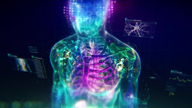 Colorful Human Body animation with infographics and particles showing bones, organs and skin. Plexus. Futuristic and Artistic concept of human anatomy. 4K UHD