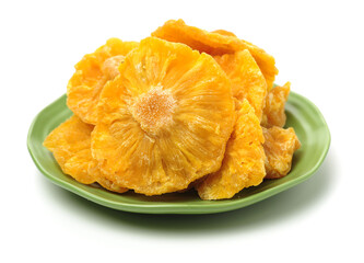 Dried pineapple rings on white background