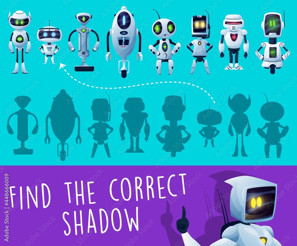 Poster kids game. find a correct robot shadow riddle, puzzle game or preschooler playing activity vector pa