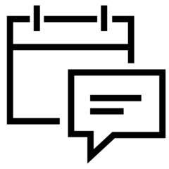 combination of calendar icon and message or comment, line drawing style, black and white color.