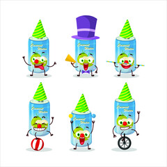 Cartoon character of coconut water can with various circus shows. Vector illustration