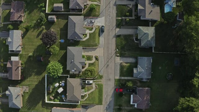Am aerial view looking straight down on typical western Pennsylvania homes. Pittsburgh suburbs.  	