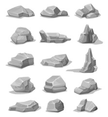 Cartoon rock stones and boulders. Grey rubble, gravel or cobble vector set. Geological materials, rocky pieces of different shapes. Mountain natural ui design elements isolated on white background © Vector Tradition