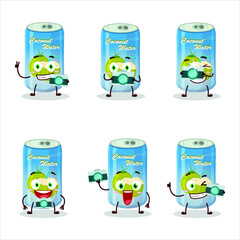 Photographer profession emoticon with coconut water can cartoon character. Vector illustration